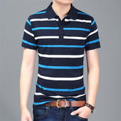 Casual cotton gentleman Men POLO Shirt Cotton pocket decoration Striped Polo Homme Summer Short-sleeve Camisa Polo Slim Fit Tee