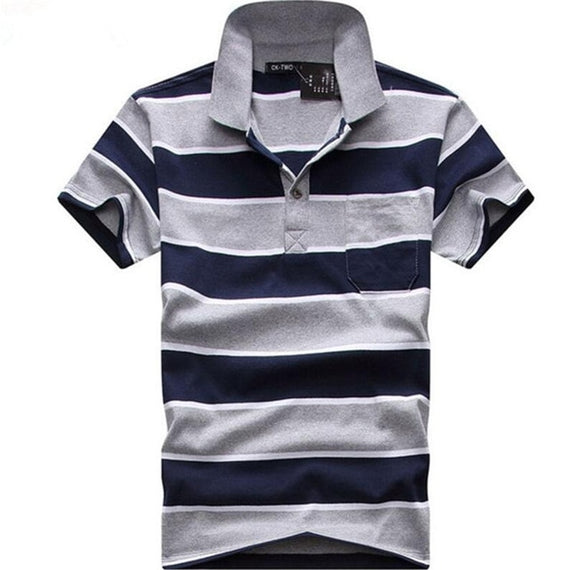 Casual cotton gentleman Men POLO Shirt Cotton pocket decoration Striped Polo Homme Summer Short-sleeve Camisa Polo Slim Fit Tee