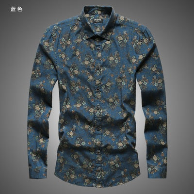 2019 autumn new fashion flower printed long sleeve shirts men camisa male slim flower shirts vintage Linen Casual Men Shirt