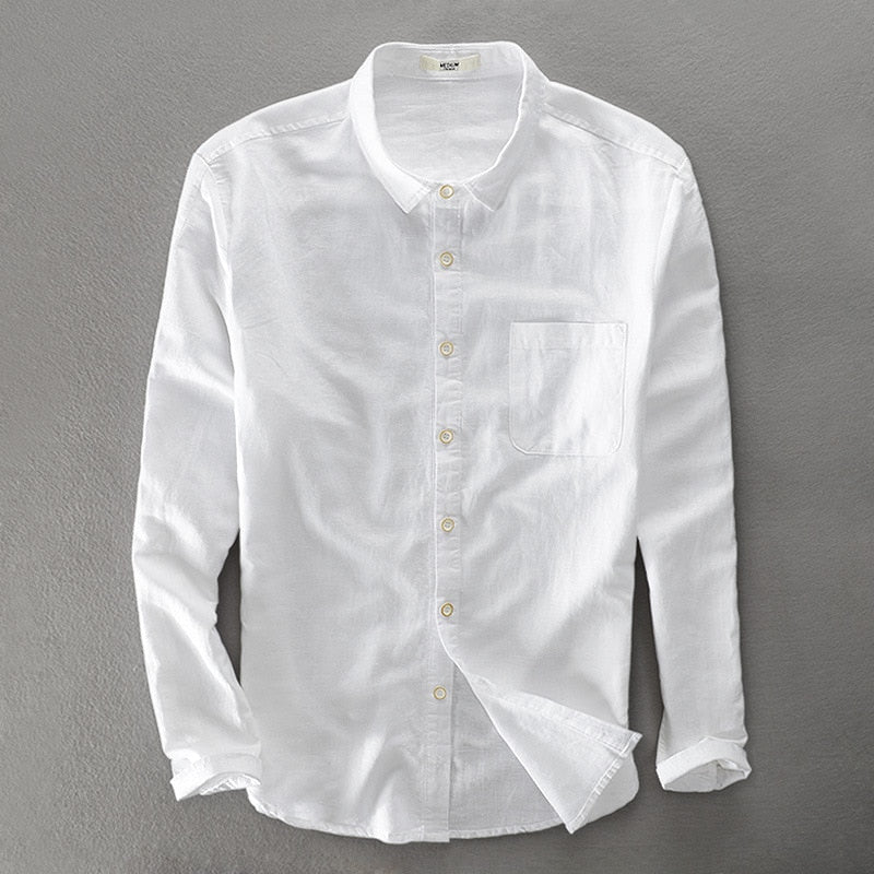 Men's long sleeves shirt with pocket green white Khaki spring summer casual shirts men cotton linen dress shirt for men male