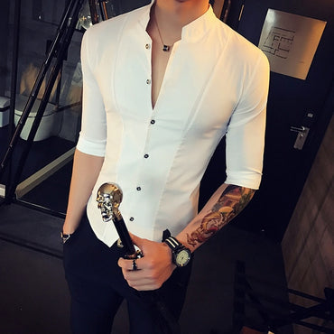 Stand Collar Chinese Style Shirt Men Slim Fit Korea Clothes Men Half Sleeve 2018 Summer Designer Club Shirt Camisa Masculina