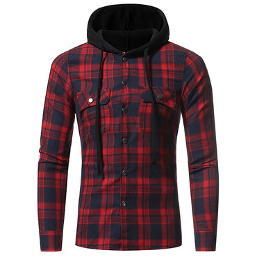 Men Plaid Shirts 2018 New Fashion Korean Wild Long Sleeve Flannel Hooded Shirt Casual Slim Fit Plus Size Cotton Men Clothes Red