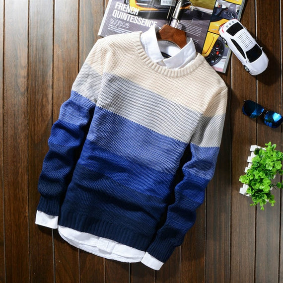 2019 Autumn Winter Wool Striped Sweater Mens Brand Casual Blue Male Sweater O-Neck Slim Fit Knitting Men Sweaters