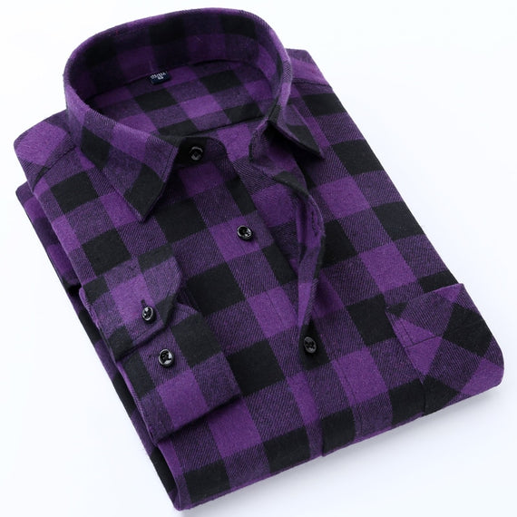 Men's Long Sleeve Brushed Checkered Plaid Shirt Patch Left Pocket Classic Casual Standard-Fit Comfortable and Soft Dress Shirts