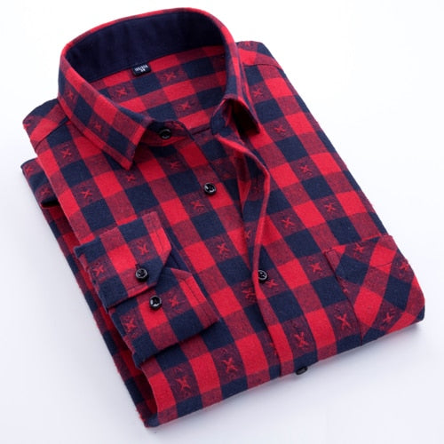 Men's Long Sleeve Brushed Checkered Plaid Shirt Patch Left Pocket Classic Casual Standard-Fit Comfortable and Soft Dress Shirts