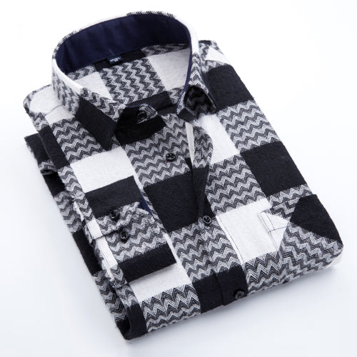 Men's Long Sleeve Brushed Checkered Plaid Shirt Patch Left Pocket Classic Casual Standard-Fit Comfortable and Soft Dress Shirts