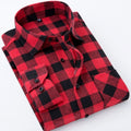 Men's Long Sleeve Brushed Checkered Plaid Shirt Patch Left Pocket Classic Casual Standard-Fit Comfortable and Soft Dress Shirts