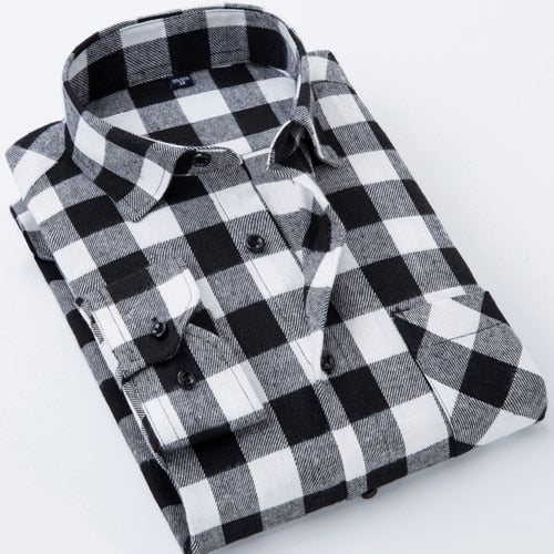 Men's Long Sleeve Brushed Checkered Plaid Shirt Patch Left Pocket Classic Casual Standard-Fit Comfortable and Soft Dress Shirts