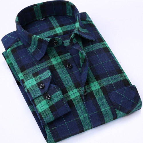 Men's Long Sleeve Brushed Checkered Plaid Shirt Patch Left Pocket Classic Casual Standard-Fit Comfortable and Soft Dress Shirts