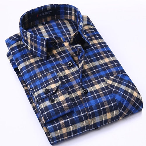 Men's Long Sleeve Brushed Checkered Plaid Shirt Patch Left Pocket Classic Casual Standard-Fit Comfortable and Soft Dress Shirts