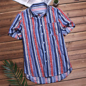 5XL Men's Shirts Short Sleeve Dress Shirt Striped Cotton Shirt Loose Turn Down Collar Hombre Camisa Hawaiian Clothes