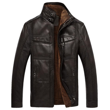 Autumn and winter quality men's leather jacket warm business casual PU leather jacket plus velvet solid color stand collar coat