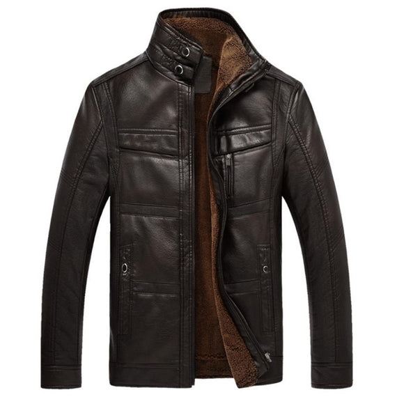 Autumn and winter quality men's leather jacket warm business casual PU leather jacket plus velvet solid color stand collar coat