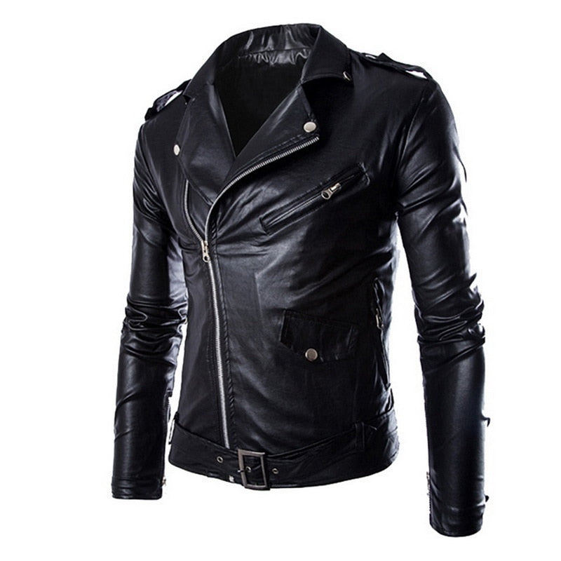 Spring Autumn Fashion Motorcycle Jackets PU Leather Moto Jackets Men Slash Zipper Lapel Biker Rider Faux Leather Coat