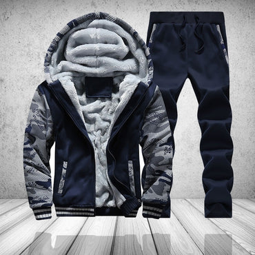 Fur Fleece Men Camouflage Set Winter Brand Warm Hooded Hoodies 2019 Jacket Cardigan Tracksuit Male 2 PCS Jacket+Pants Patchwork